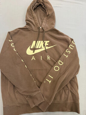 Nike Just Do It Hoodie Men’s Large Khaki Rattan Brown Sleeve Print Pullover
